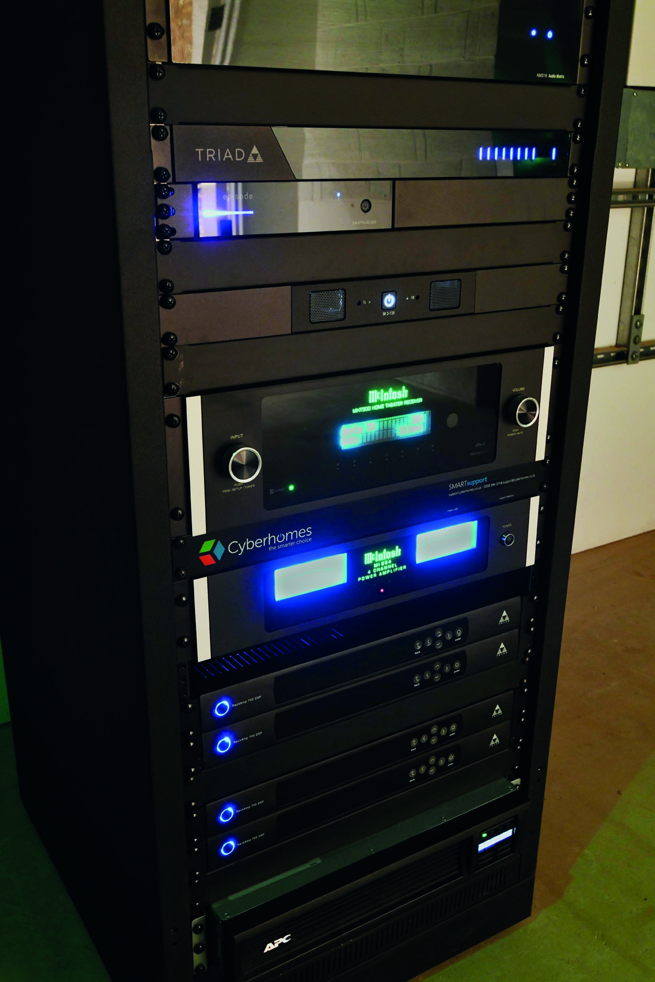 AV rack in the basement keeps equipment out of the living spaces